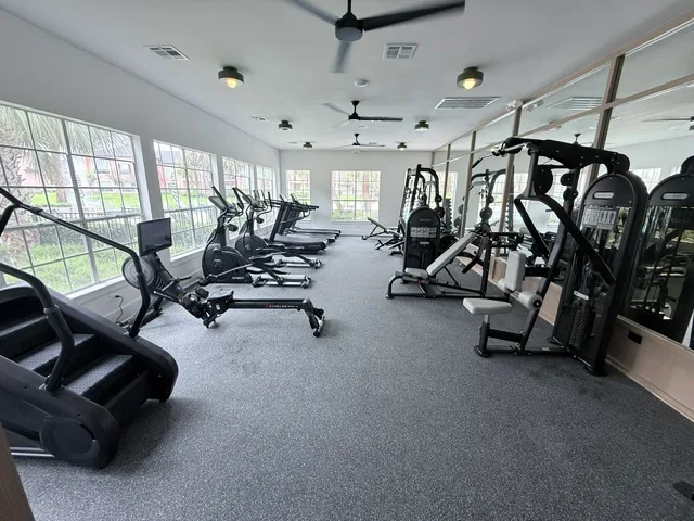 Stair climber, Echelon rower, ellipticals and Instinct strength between windows and a mirror wall in Houston