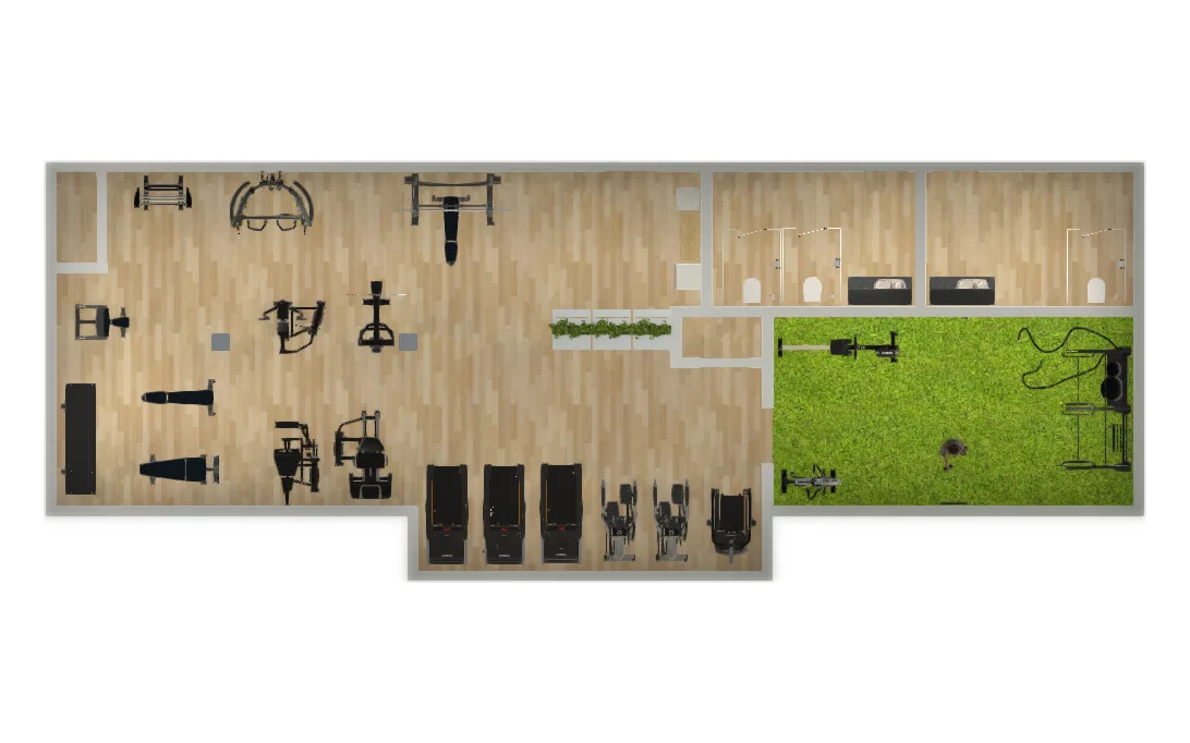 3D top-view layout of a Houston apartment gym with a cardio wall, strength floor and a separate turf room