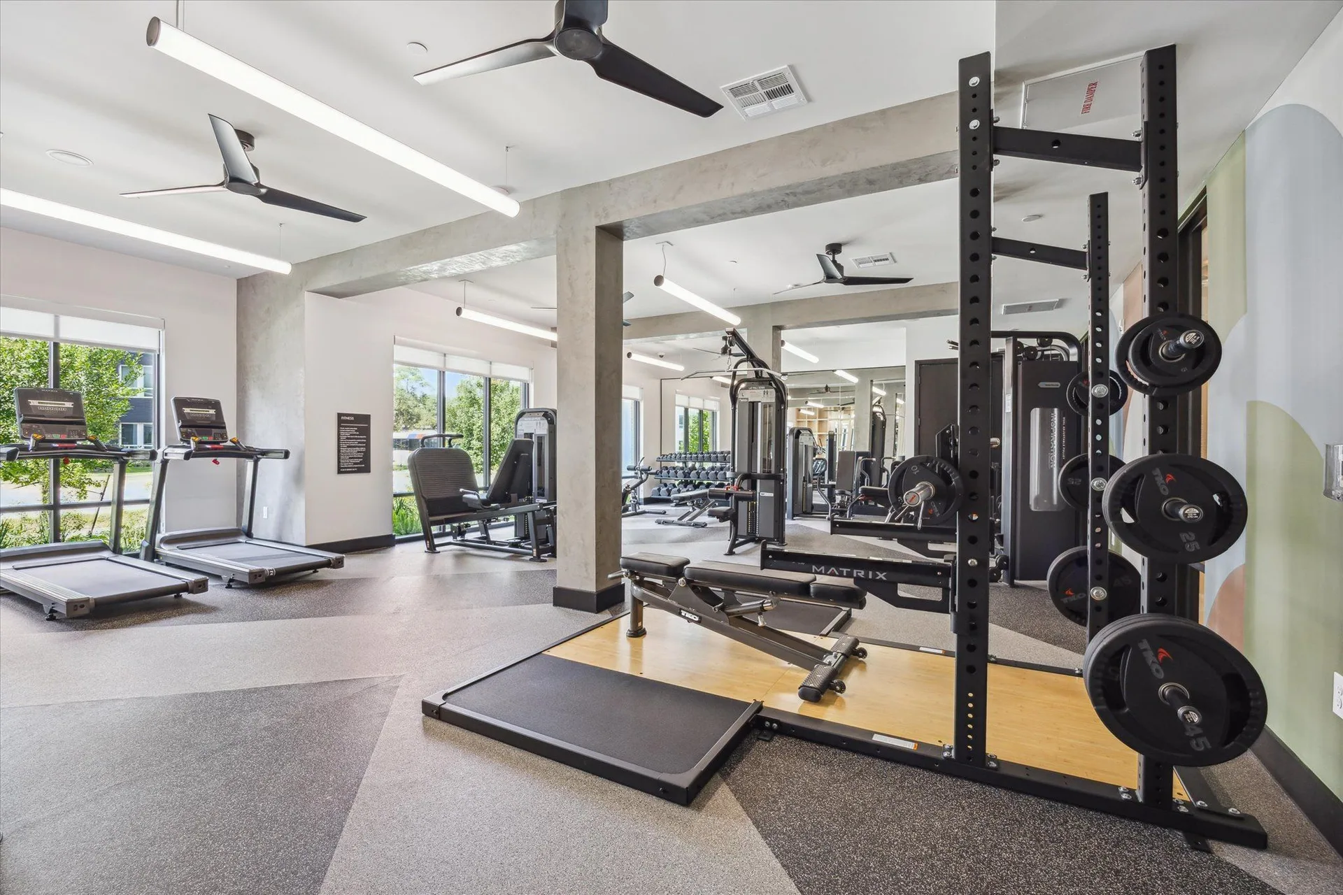 Matrix half rack on a hardwood-insert platform with treadmills at the windows in a Houston apartment gym
