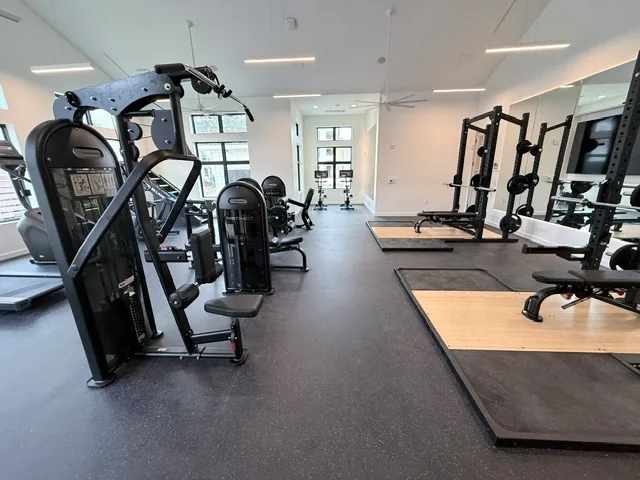 Instinct dual pulley, selectorized line and half racks on hardwood-inlay platforms in a Katy, Texas apartment gym