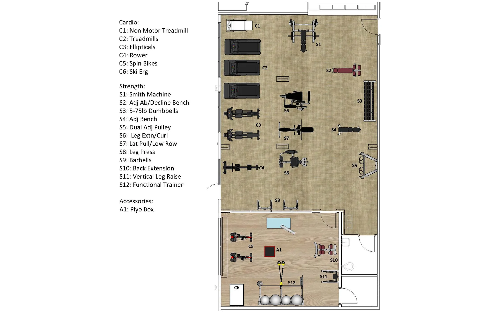 2D layout of a Lutz, Florida apartment gym: cardio along the windows, a TKO strength floor and a separate functional room