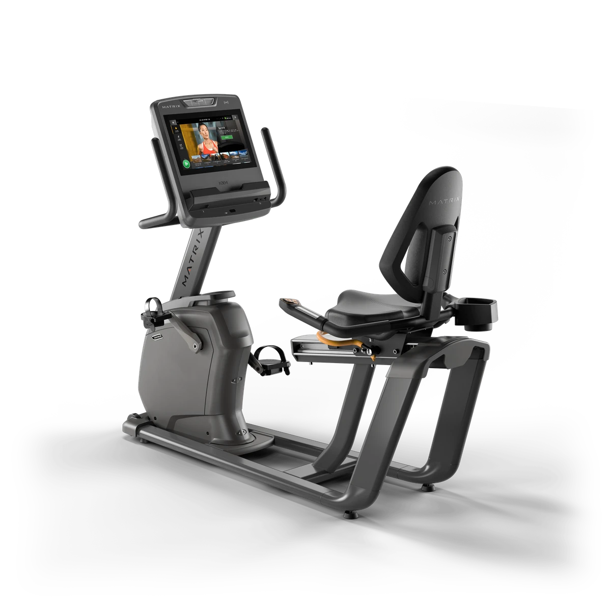 Silver Matrix Lifestyle recumbent exercise bike with a high backrest seat and touchscreen console