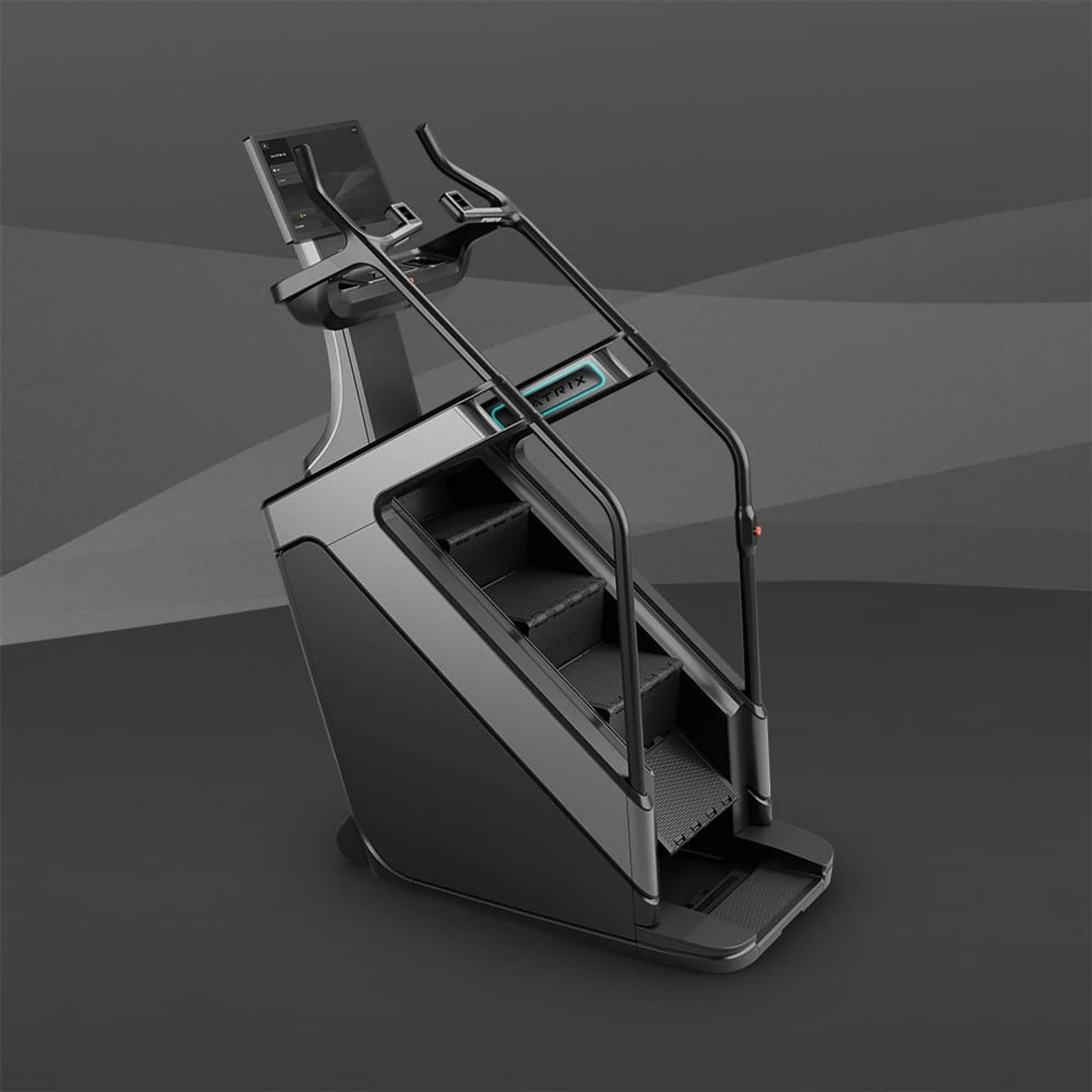 Black Matrix Onyx ClimbMill stepmill with teal accent lighting and a touchscreen console