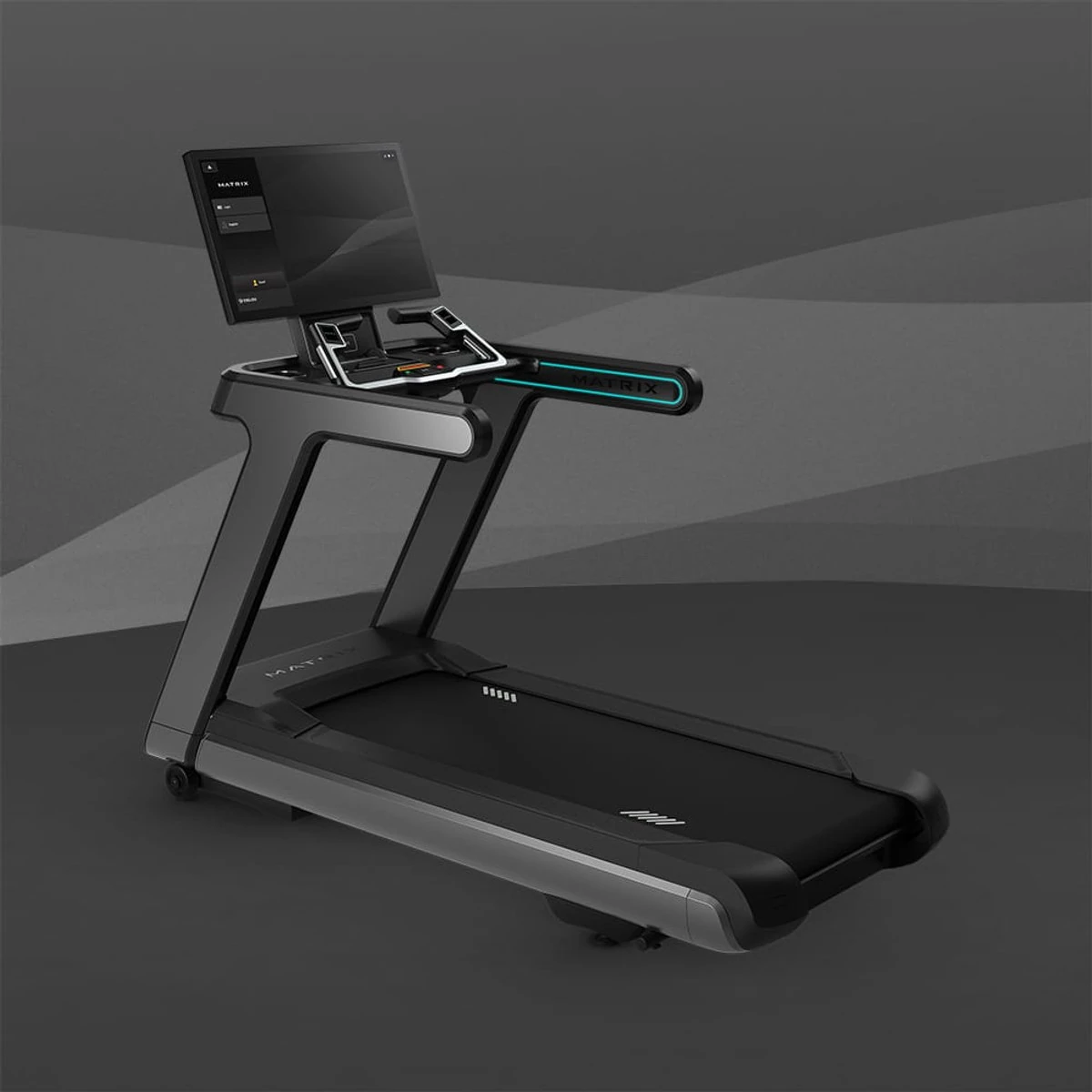 Black Matrix Onyx treadmill with teal accent lighting and a large touchscreen console