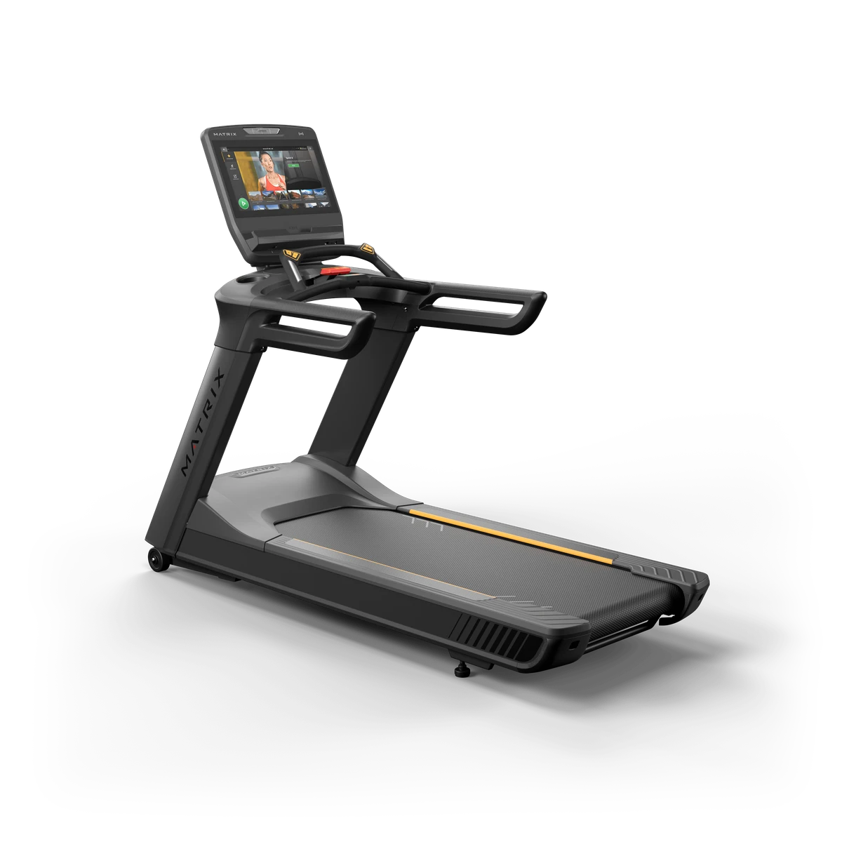 Black Matrix Performance treadmill with a large touchscreen console and orange belt accent