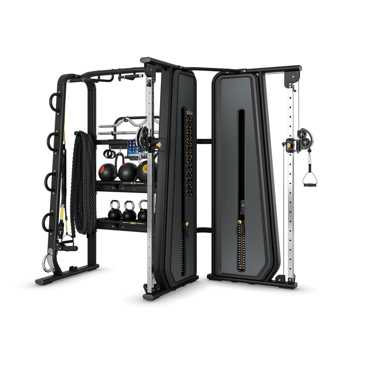 Black Matrix Connexus Crest with two cable pulley towers flanking a double-sided accessory storage column