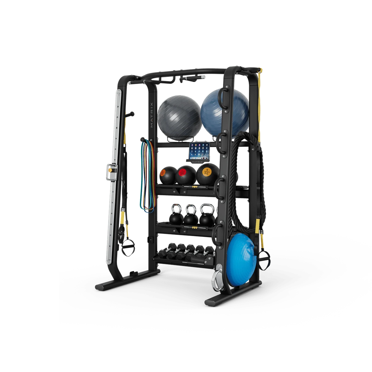 Black Matrix Connexus Edge functional training station with a pull-up bar and shelves of medicine balls and kettlebells