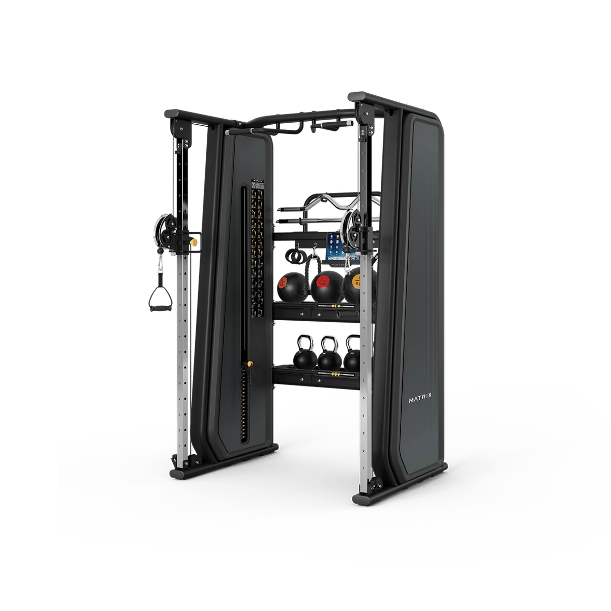 Black Matrix Connexus Functional Trainer, a dual-tower cable rig with a pull-up bar and accessory shelves