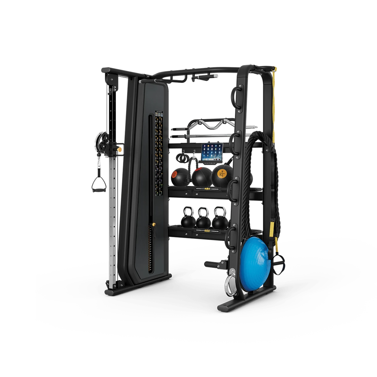 Black Matrix Connexus Hub with a single cable pulley tower and centralized shelves of medicine balls and kettlebells