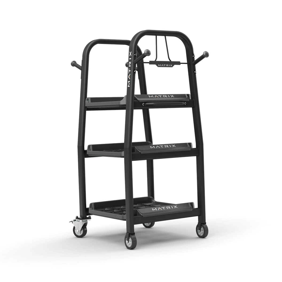 Black Matrix Connexus 3-Shelf Storage Cart on caster wheels with hanging pegs at the top