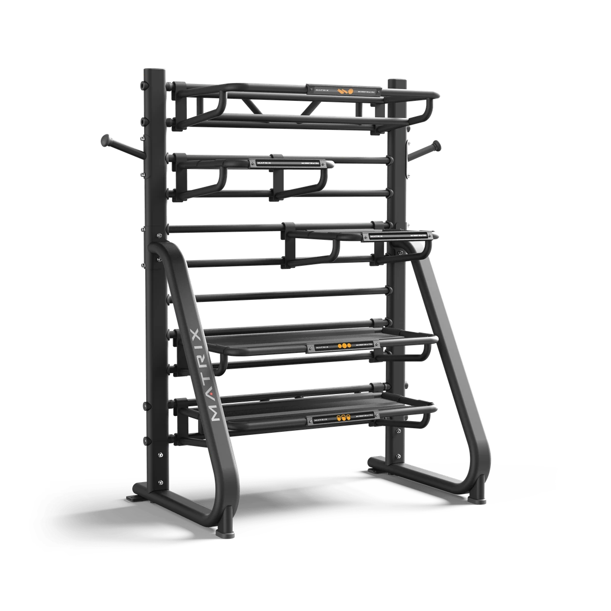 Black Matrix Connexus Storage Station, open pegboard shelving with angled pegs for bands and ropes