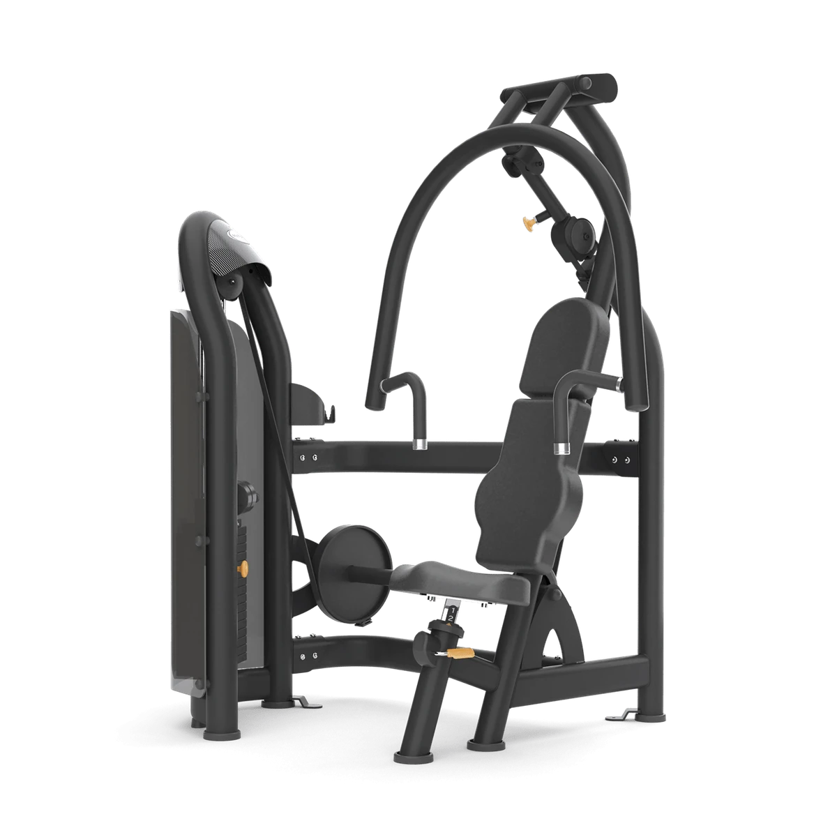 Black Matrix Aura selectorized chest press machine with converging press arms and adjustable seat
