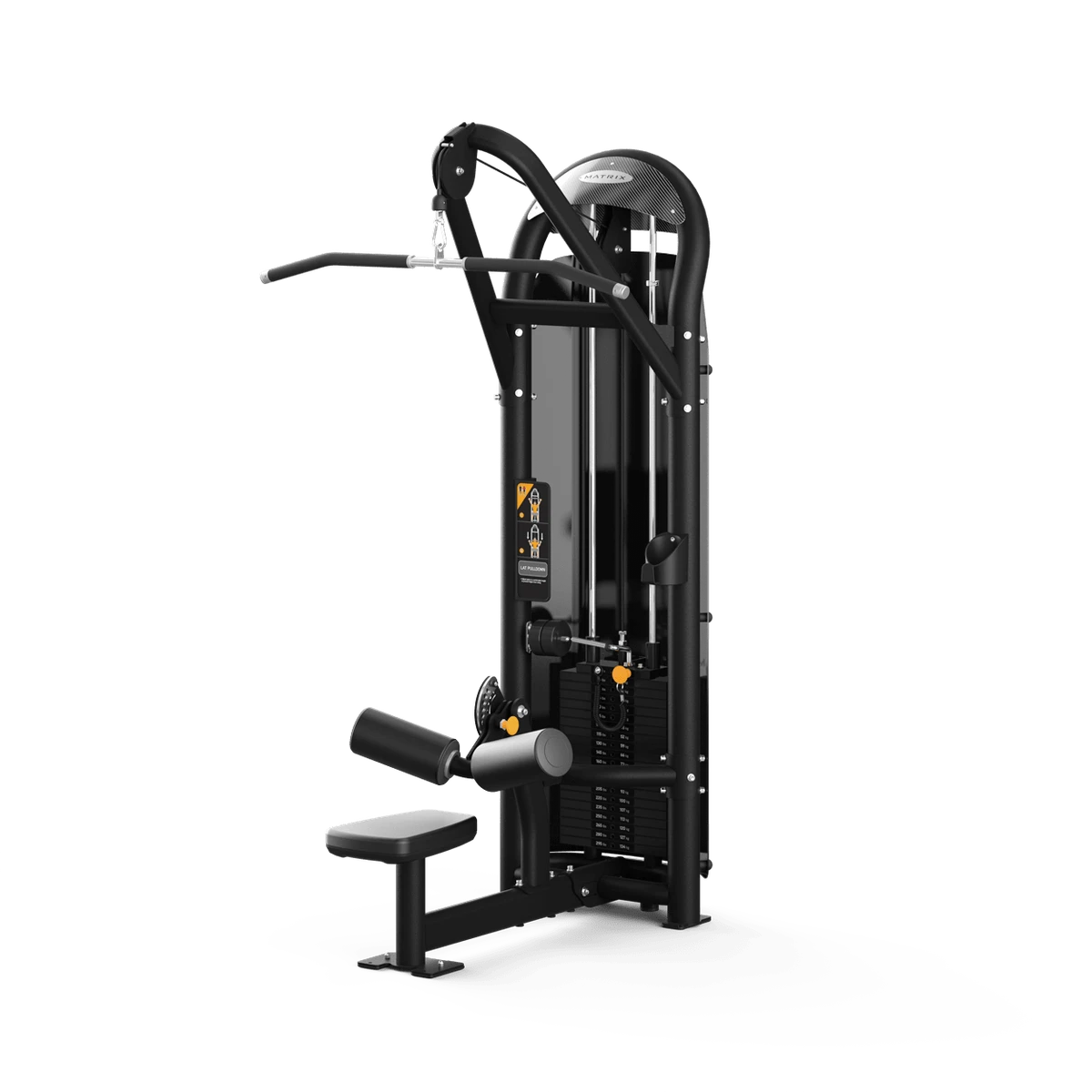 Black Matrix Aura selectorized lat pulldown machine with a long bar and covered weight stack