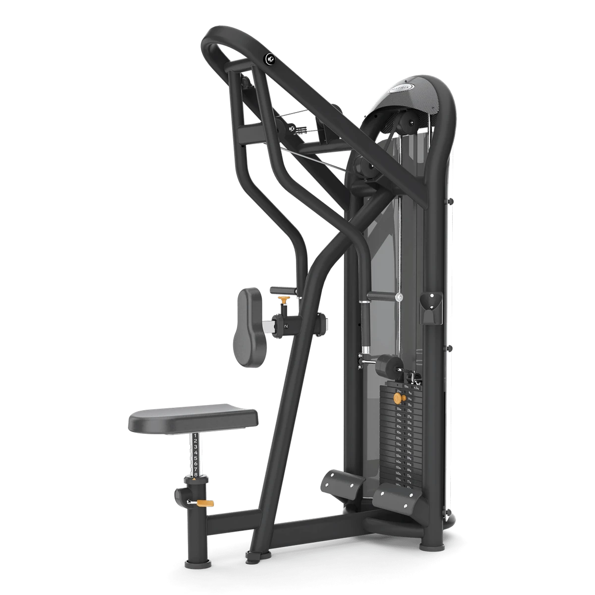 Black Matrix Aura selectorized seated row machine with a chest pad and single-grip handle