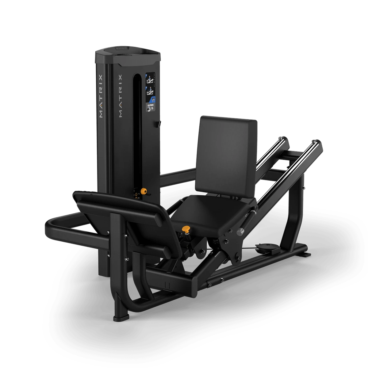 Black Matrix Go Series leg press machine with a low step-in seat and angled foot platform