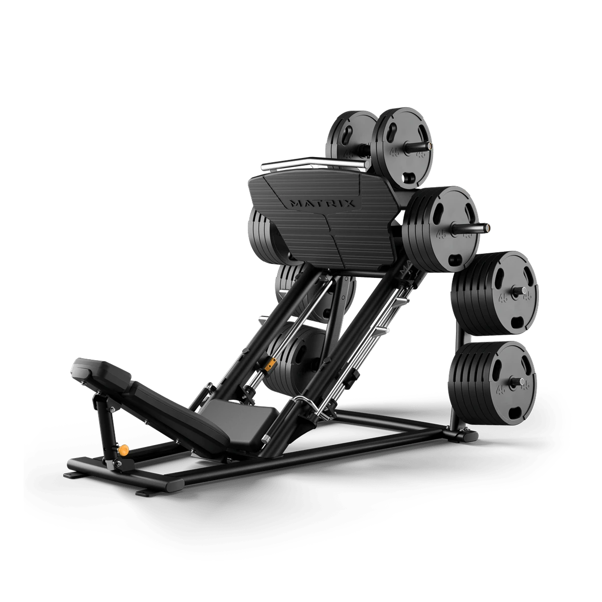 Black Matrix Magnum plate-loaded leg press machine loaded with weight plates on an angled sled