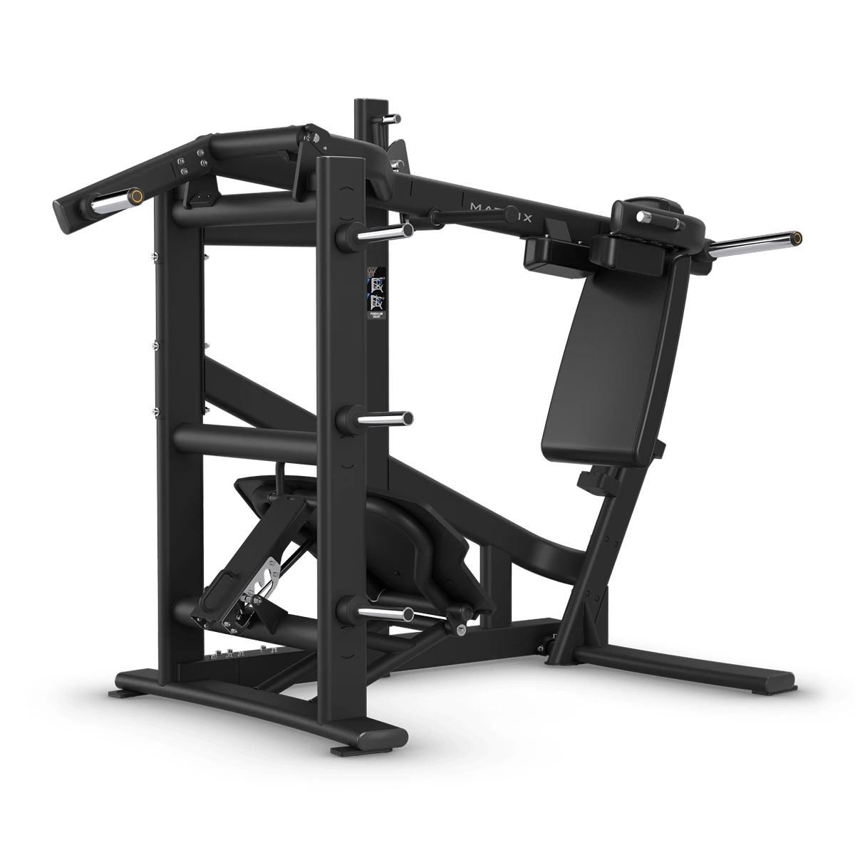 Black Matrix Magnum plate-loaded pendulum squat machine with shoulder pads on an arced track