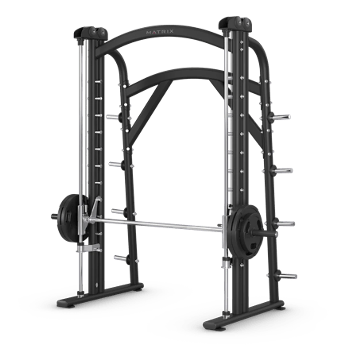 Black Matrix Magnum Smith machine with a barbell on linear-bearing rails