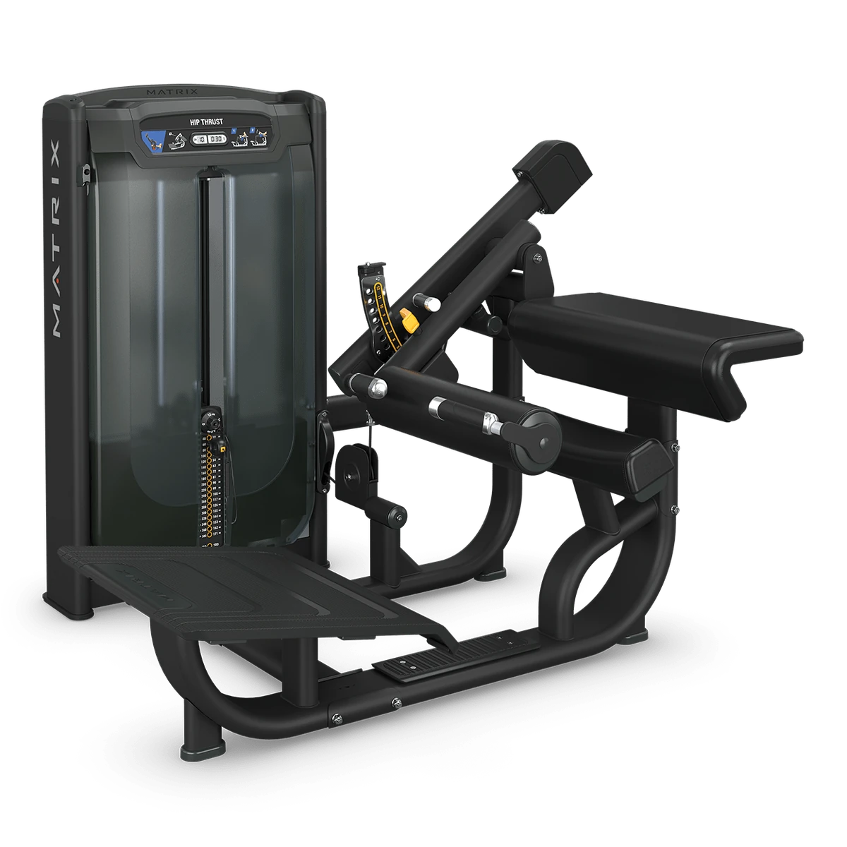 Black Matrix Ultra hip thrust machine with an angled hip pad, foot platform and touchscreen console