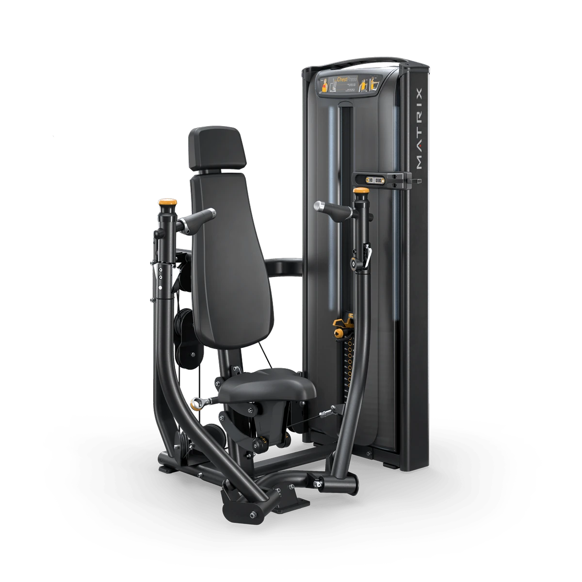 Black Matrix Versa selectorized chest press machine with independent converging press arms