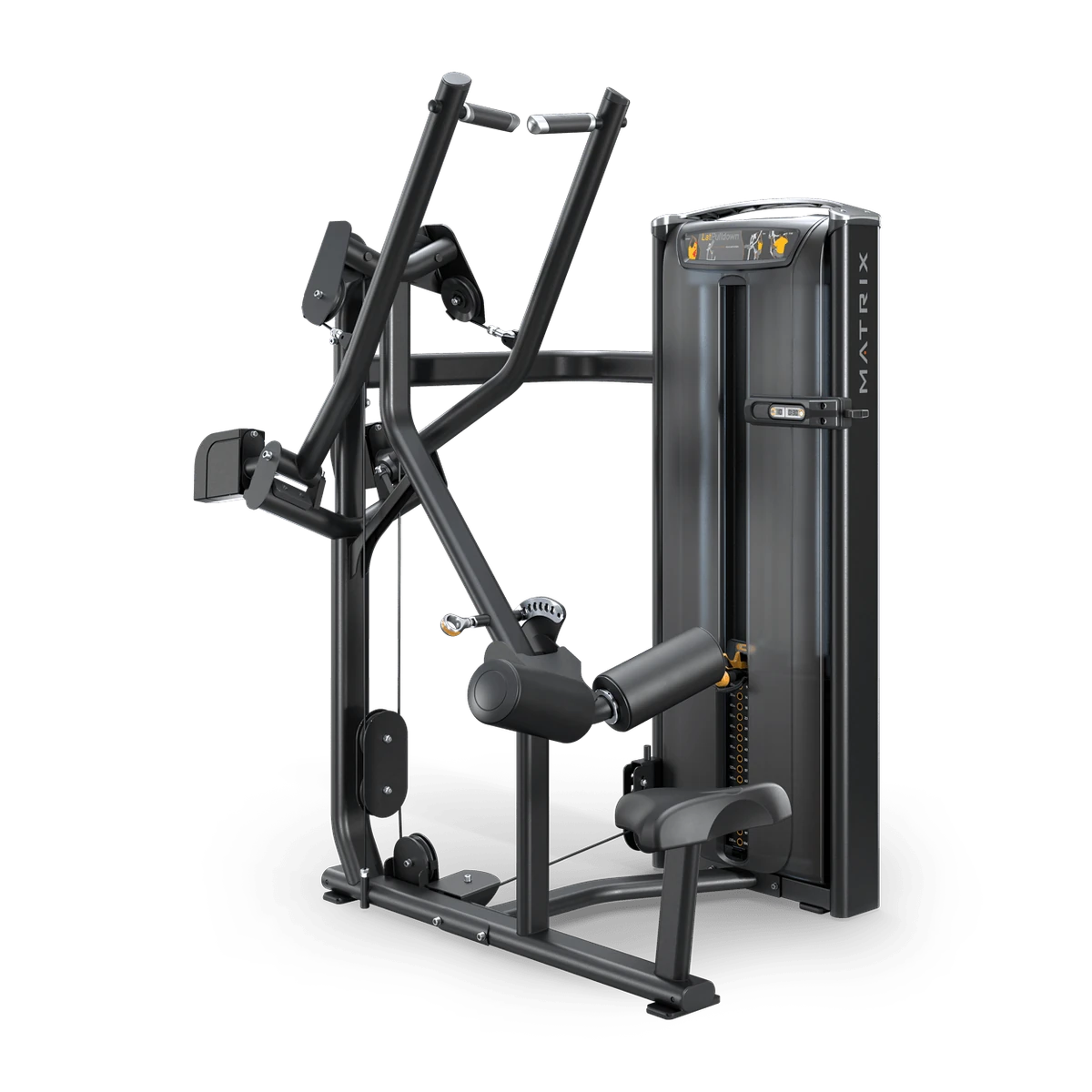 Black Matrix Versa selectorized lat pulldown machine with independent diverging pull arms