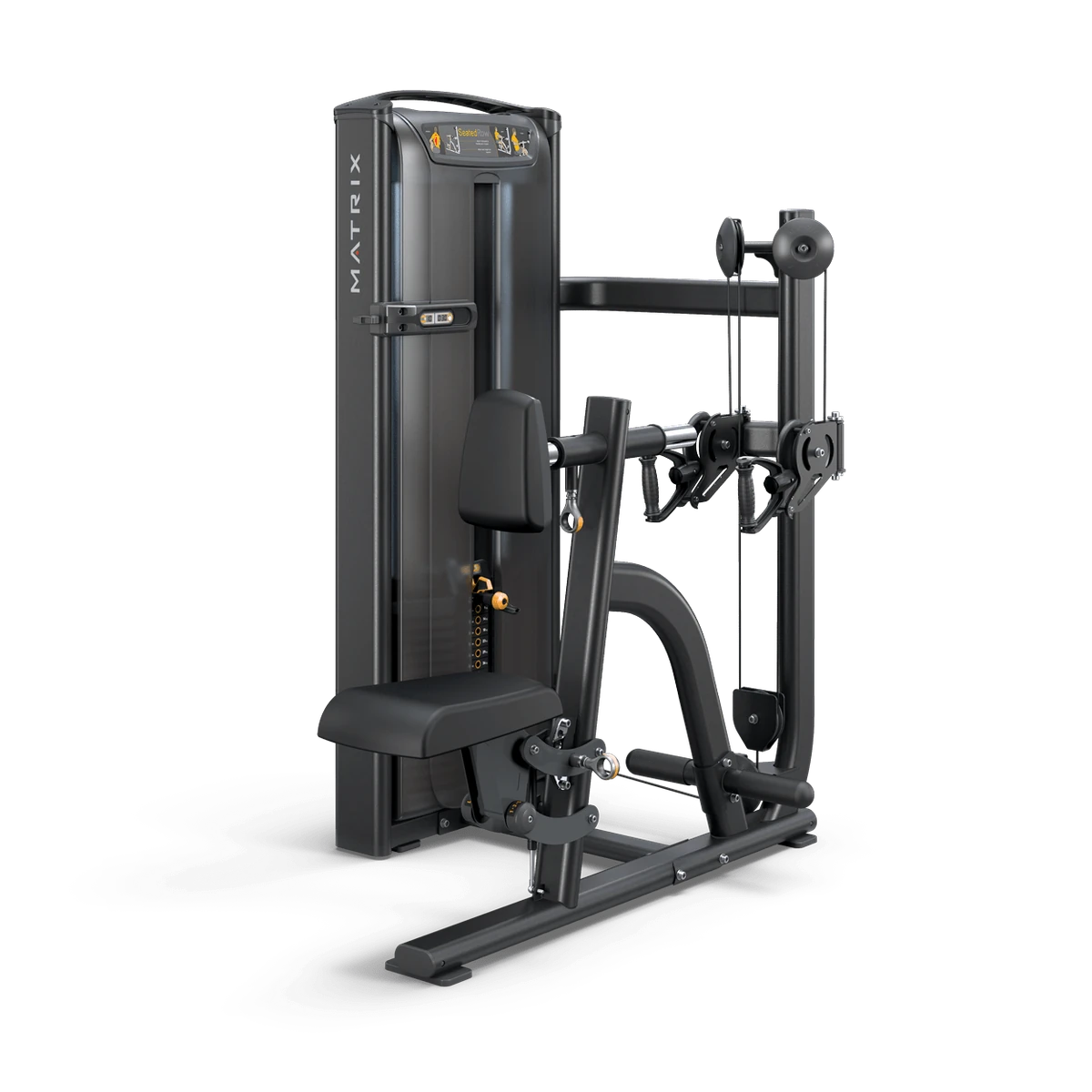 Black Matrix Versa selectorized seated row machine with independent diverging pull arms