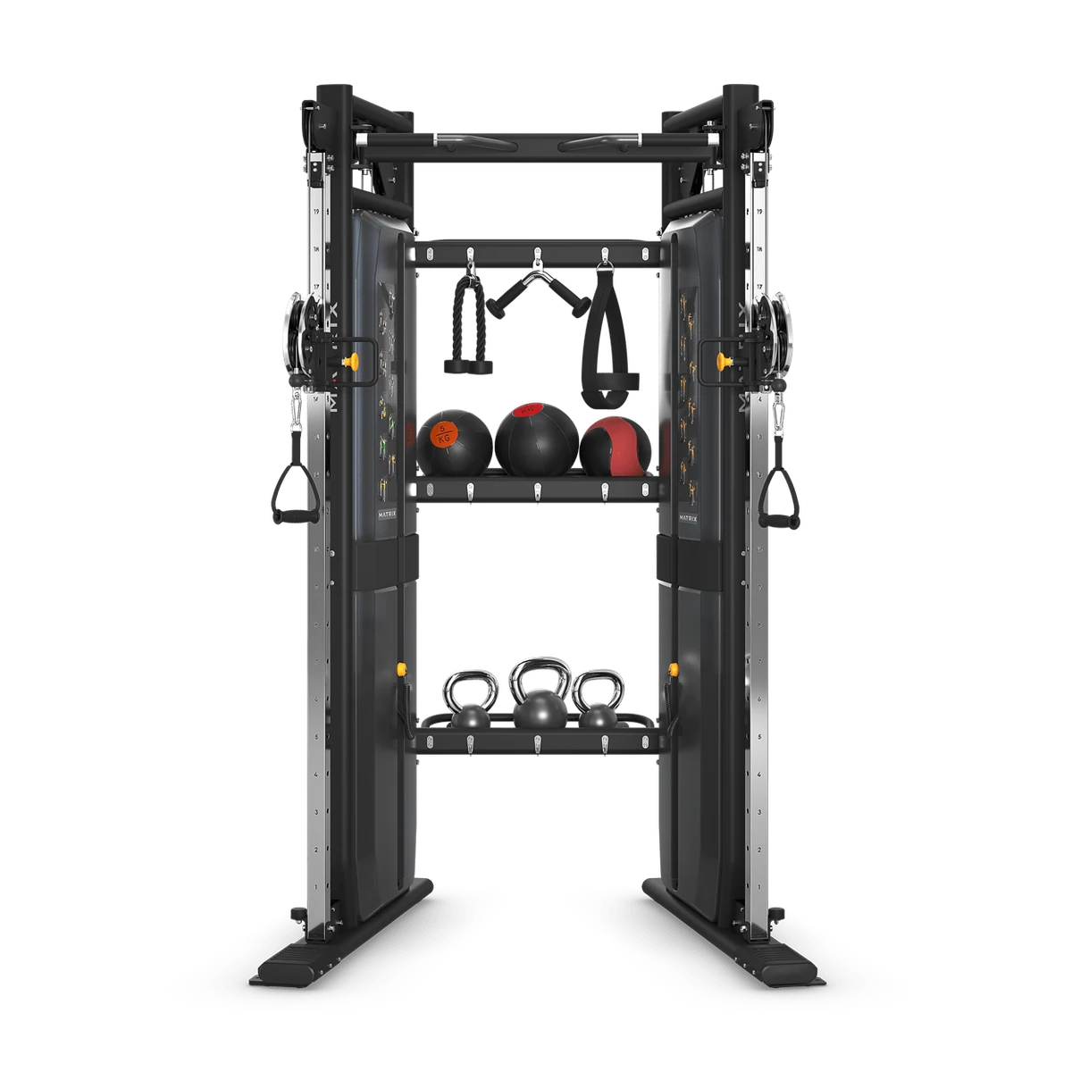 Black Matrix Versa dual-tower functional trainer with adjustable cable pulleys and a 30-inch accessory storage shelf
