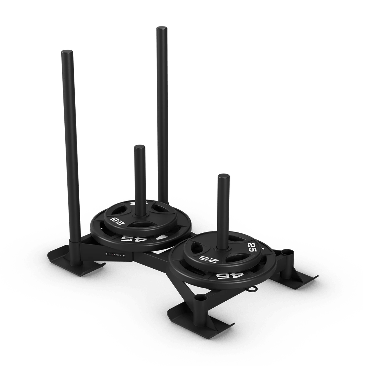 Black Matrix Xult push sled loaded with weight plates on two vertical handle posts