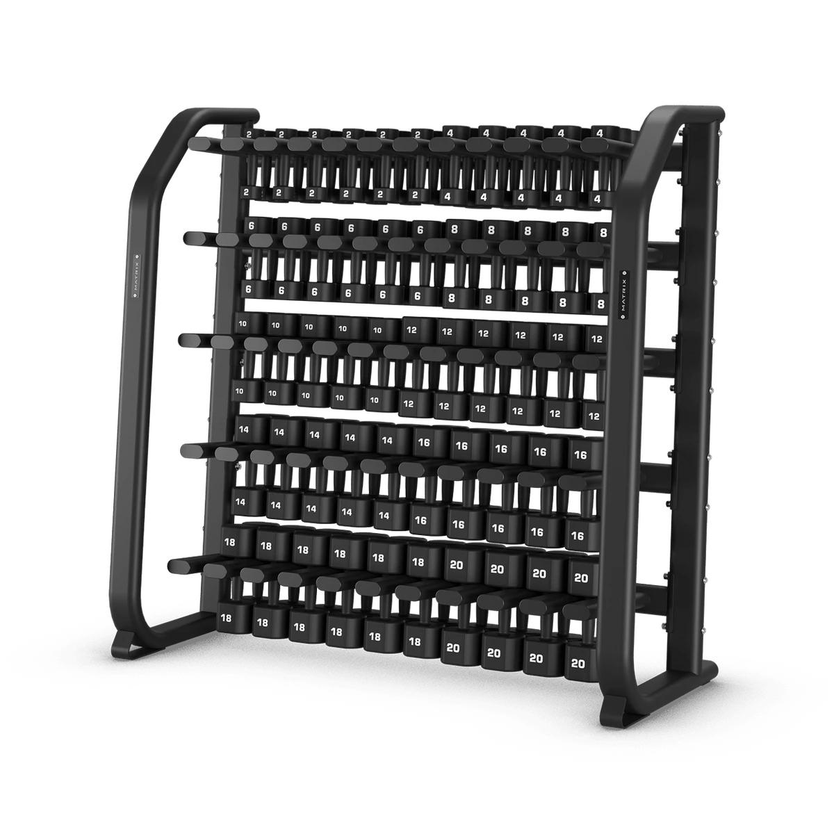 Black Matrix Xult dumbbell rack fully loaded with rubber-coated dumbbell pairs from 2 to 20 lb