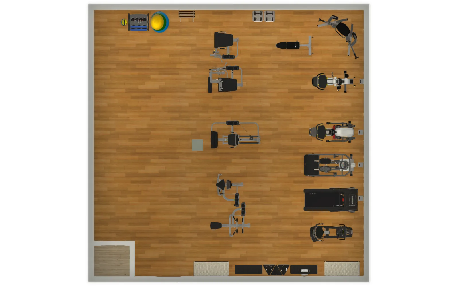 2D floor plan of a McKinney, Texas senior living fitness center: cardio along the windows, strength line in the center