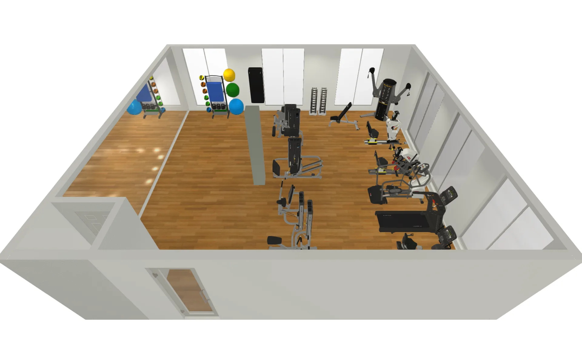 3D rendering of a McKinney senior living fitness center with cardio along the windows and a seated strength line