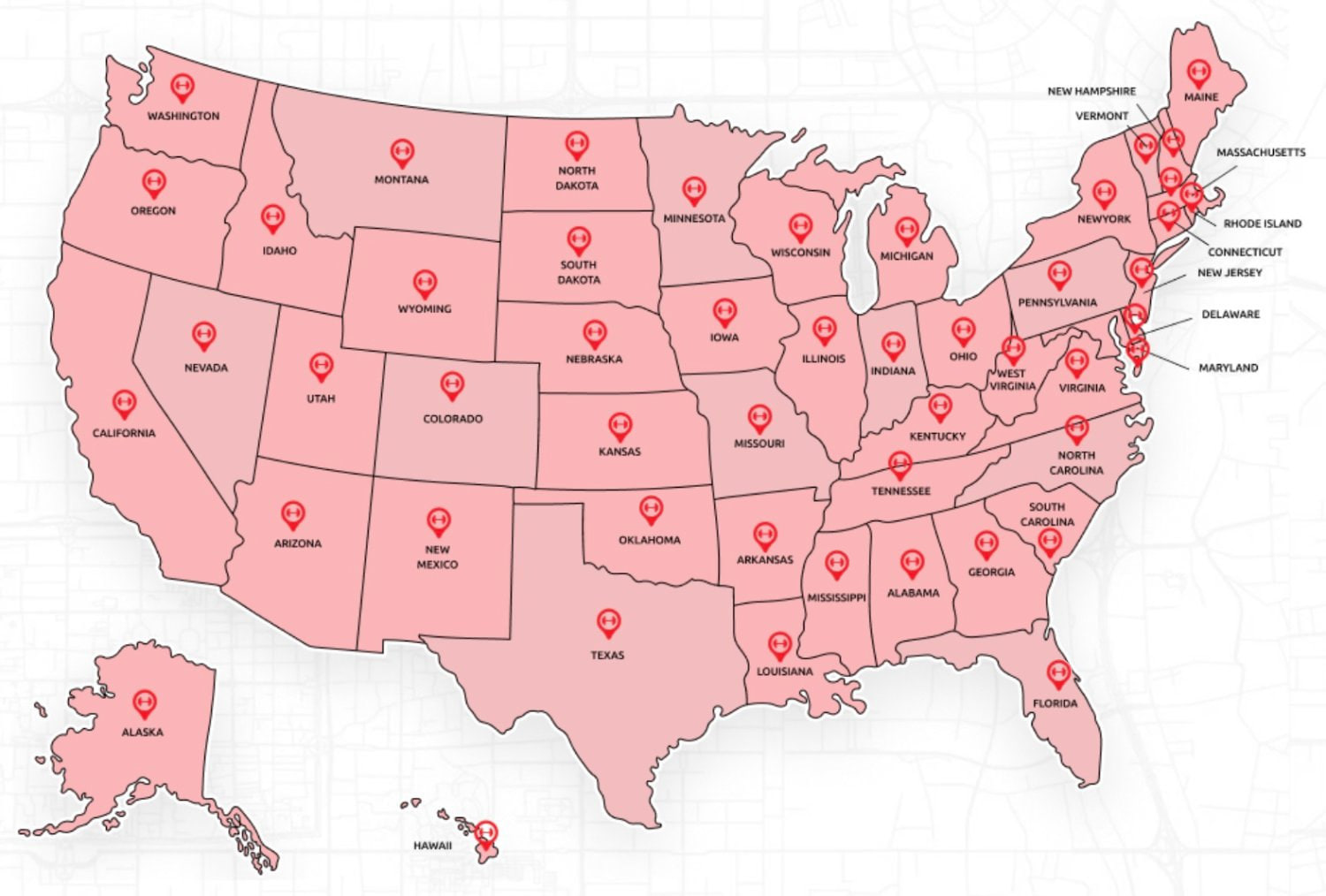 Fit Supply coverage map of the United States, every state shaded and labeled with a red dumbbell pin
