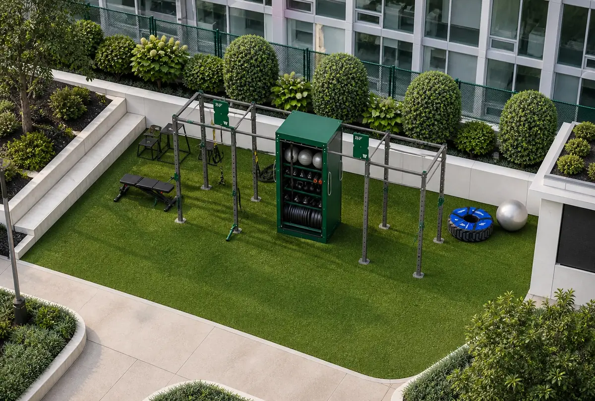 3D rendering of a courtyard fitness zone with a rig, lockable storage cabinet and turf, drawn to scale