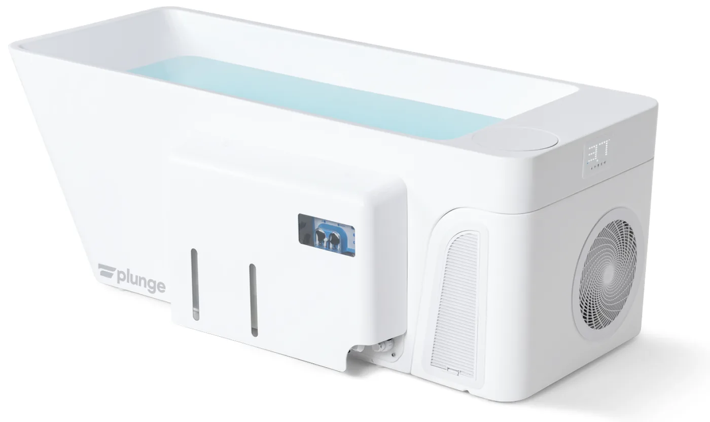 Plunge cold plunge tub in white with an integrated chiller unit, a dry-install cold therapy option