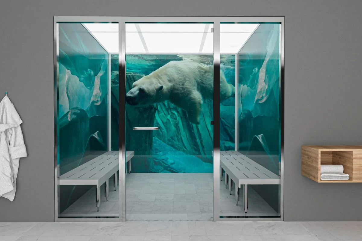 Walk-in frost room with glass doors, tiered benches and a full-height underwater polar scene printed on the glass