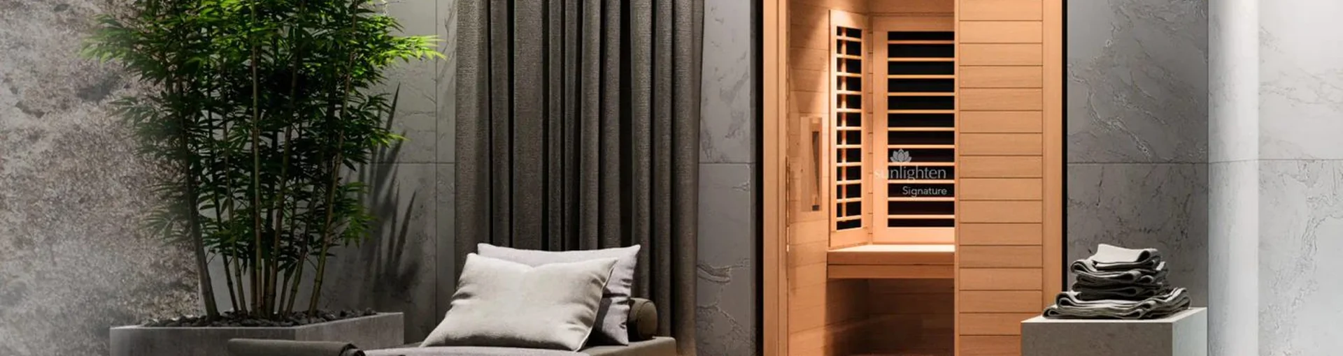 Designed recovery suite with an infrared sauna cabin, daybed and planting beside a plunge pool edge