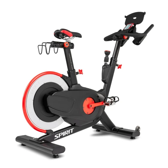 Black and red Spirit CIC850 indoor cycle with a weighted flywheel and SPD clip pedals