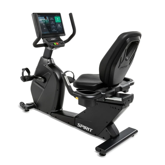 Black Spirit CR1000ENT recumbent exercise bike with a large touchscreen console and molded seat