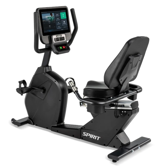 Black Spirit CR800ENT semi-recumbent exercise bike with a large touchscreen console