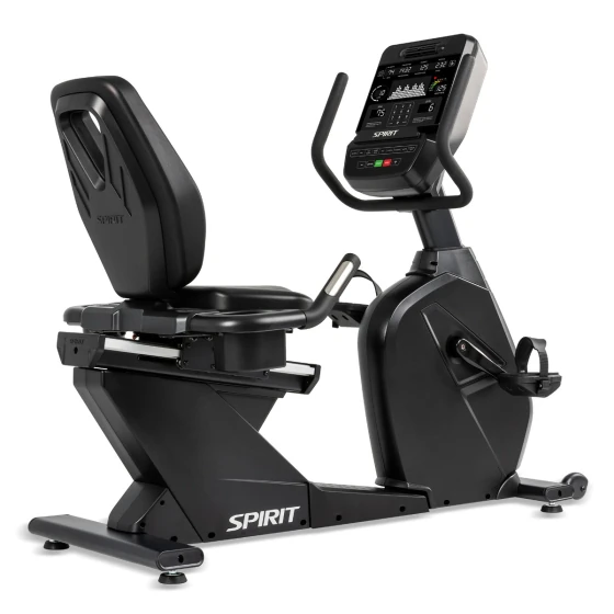Black Spirit CR900 semi-recumbent exercise bike with a molded contoured seat back