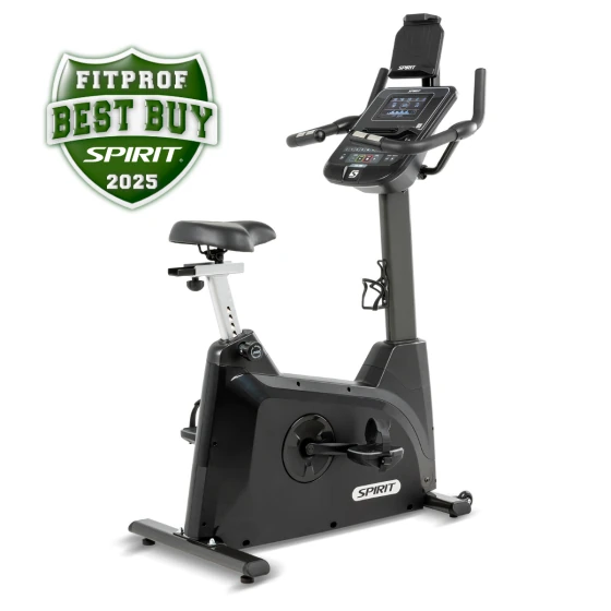 Black Spirit XBU55 upright exercise bike with a backlit LCD console