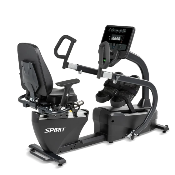 Black Spirit CRS800S recumbent stepper with a swivel seat and linked foot pedals