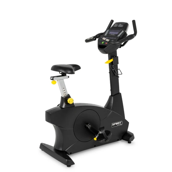 Black Spirit 7.0U rehab upright bike with yellow accent knobs and a digital console