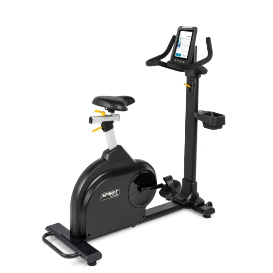 Black Spirit 8.0U rehab upright bike with a touchscreen console and yellow accent hardware
