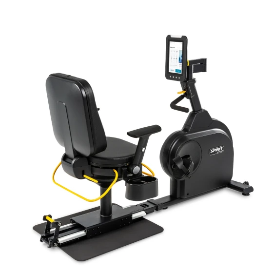 Black Spirit 8.5R rehab recumbent bike with a touchscreen console and yellow accent hardware
