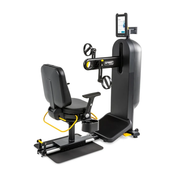 Black Spirit 8.5UE upper body ergometer with a swivel seat, hand crank arms and a touchscreen console