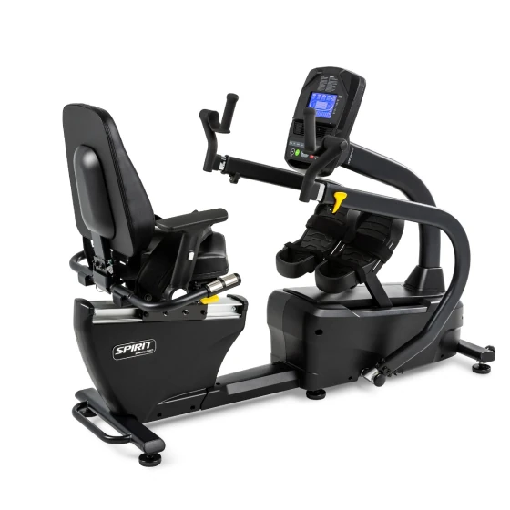 Black Spirit 7.0S rehab recumbent stepper with a swivel seat and linked dual foot pedals