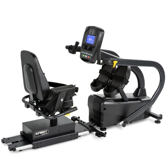 Black Spirit 7.5S rehab recumbent stepper with a removable wheelchair-access seat rail