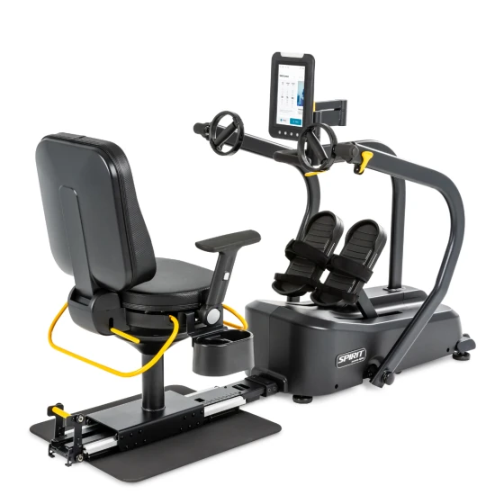Black Spirit 8.5S rehab recumbent stepper with a touchscreen console and yellow tether straps