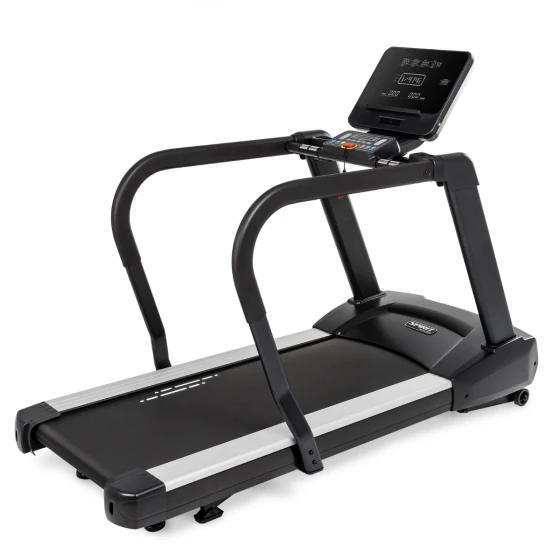 Black Spirit 4.0T rehab treadmill with tall dual overhead support handrails